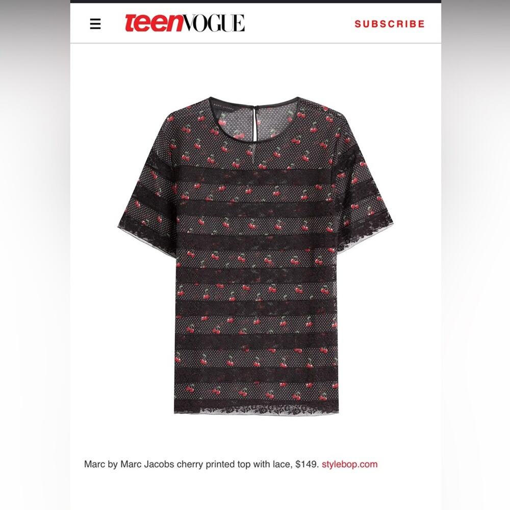 $149 Marc by Marc Jacobs Cherry Printed Top With Lace, As seen in Teen Vogue, SM